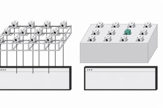 A structural comparison showing open plugin modules connecting directly to a window frame on the left, while identical modules on the right are blocked by a solid, opaque layer, representing the restricted browser extension architecture of Manifest V3.