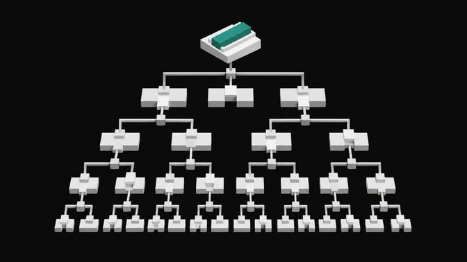 A structured topological graph of branching pathways and interlocking geometric plates representing the decision tree of an AI roleplay agent.
