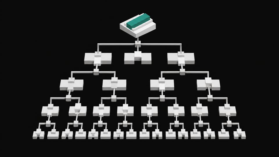 A structured topological graph of branching pathways and interlocking geometric plates representing the decision tree of an AI roleplay agent.