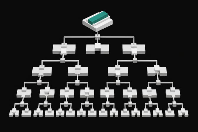A structured topological graph of branching pathways and interlocking geometric plates representing the decision tree of an AI roleplay agent.