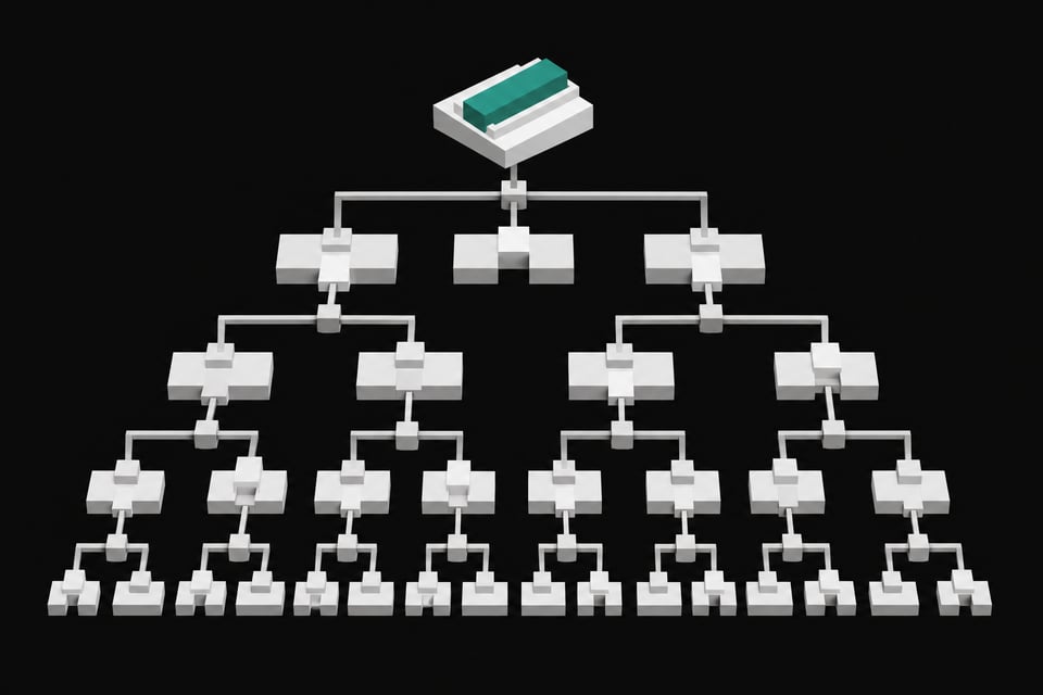 A structured topological graph of branching pathways and interlocking geometric plates representing the decision tree of an AI roleplay agent.