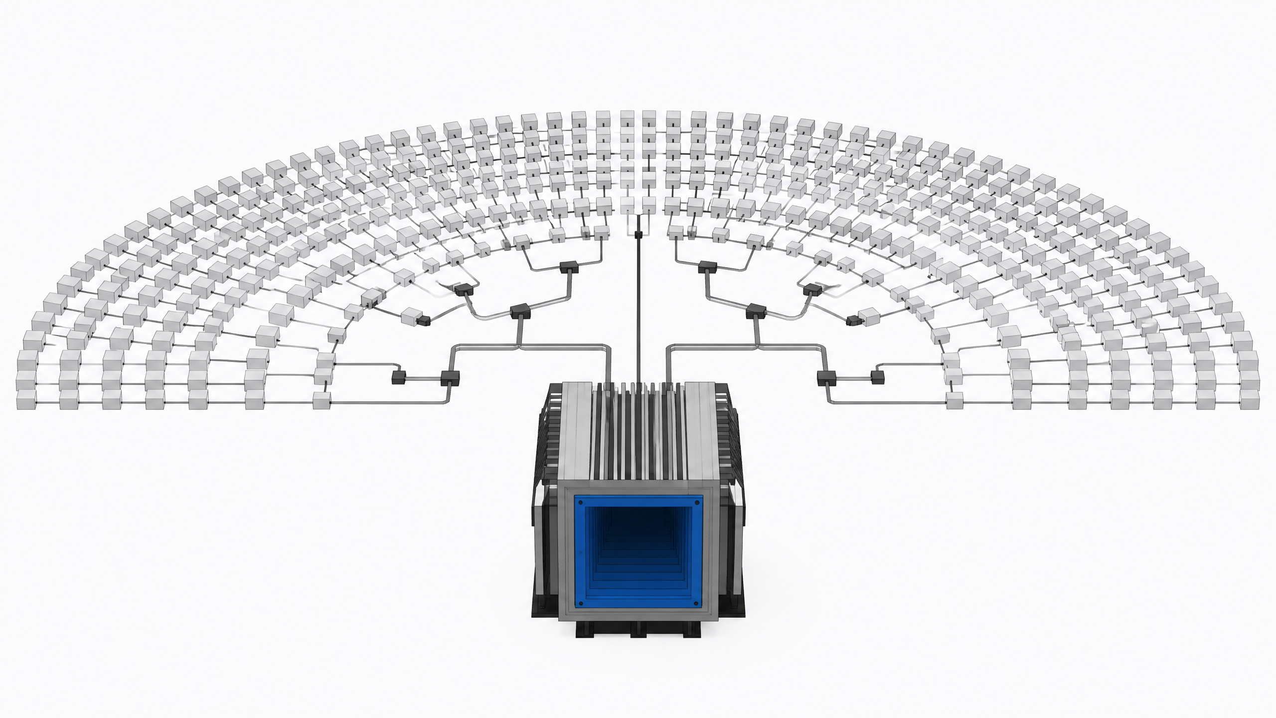 A structural diagram of a centralized AI model repository featuring a single massive routing gateway connecting to a dense, organized array of distributed data nodes.