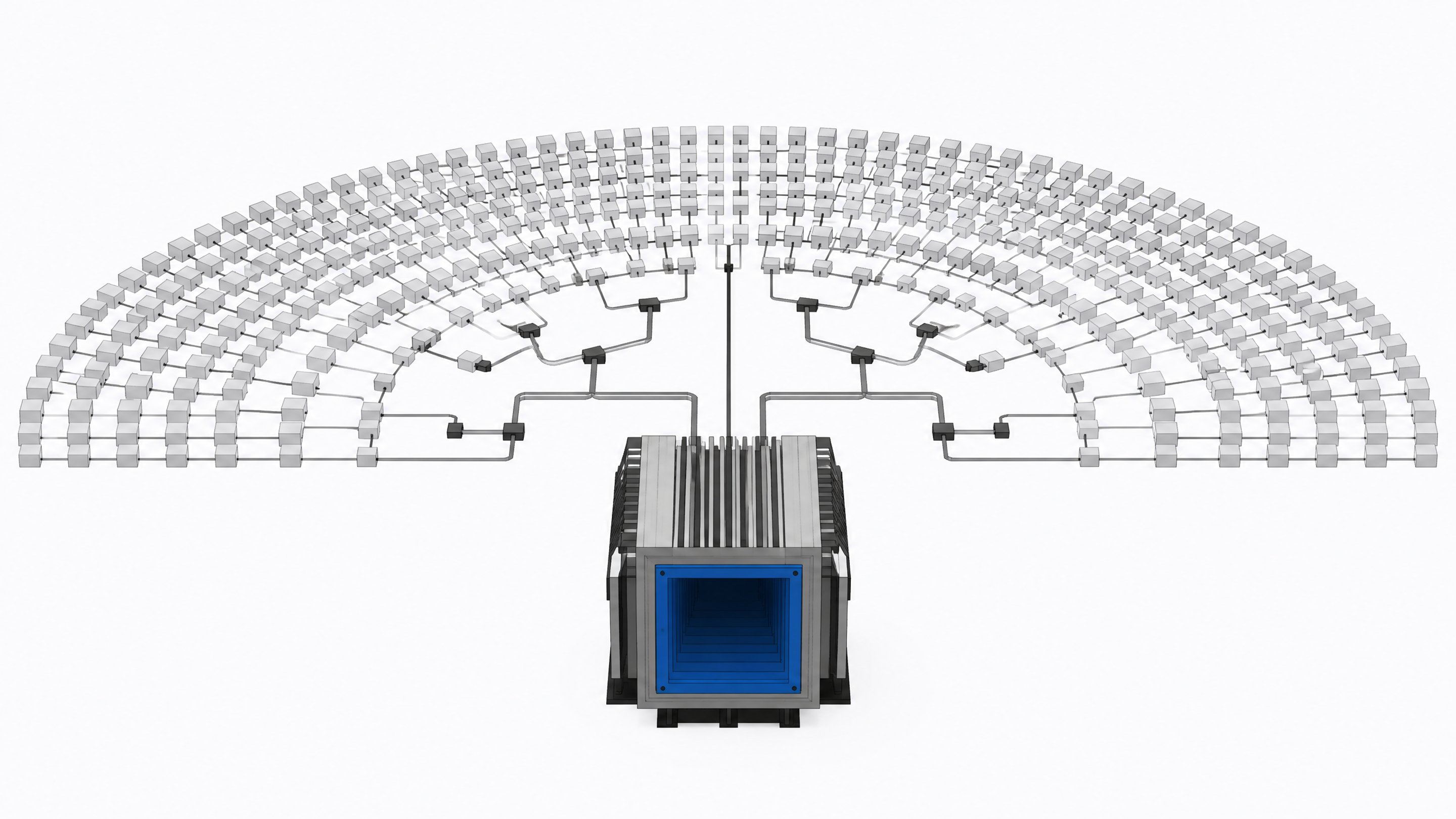 A structural diagram of a centralized AI model repository featuring a single massive routing gateway connecting to a dense, organized array of distributed data nodes.