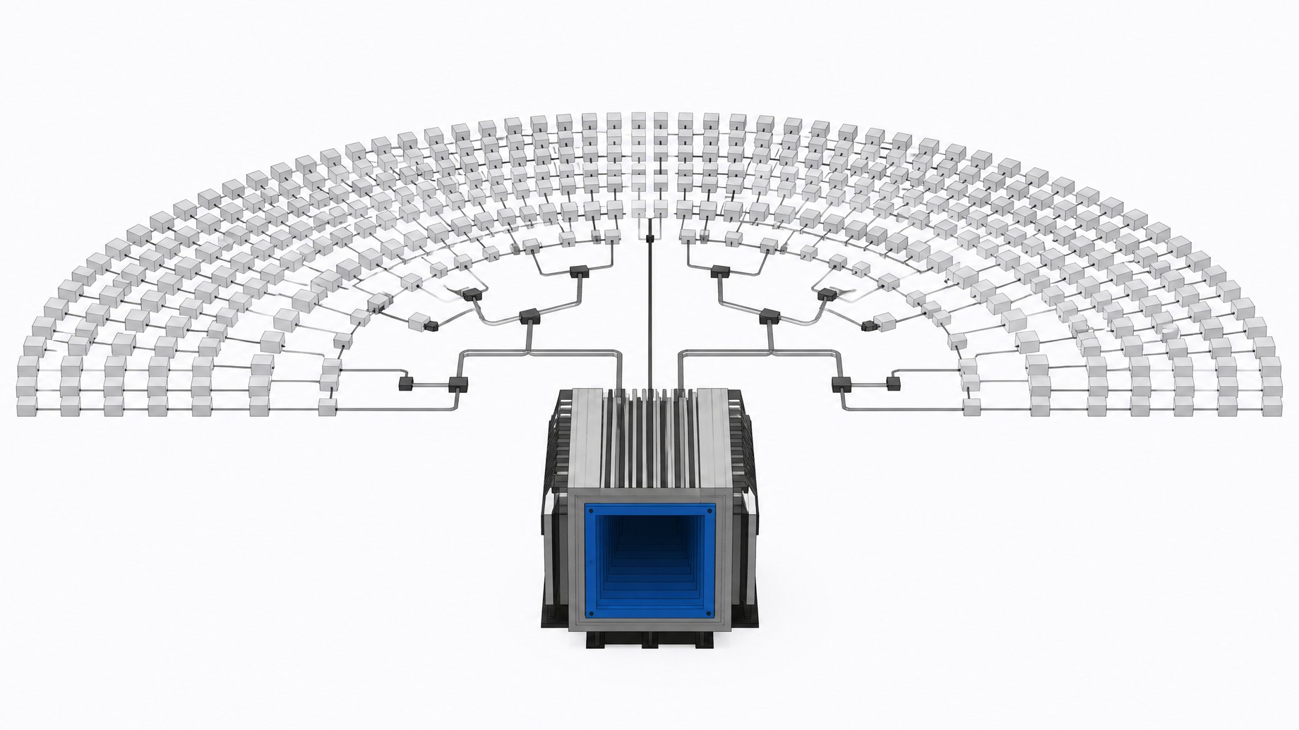 A structural diagram of a centralized AI model repository featuring a single massive routing gateway connecting to a dense, organized array of distributed data nodes.