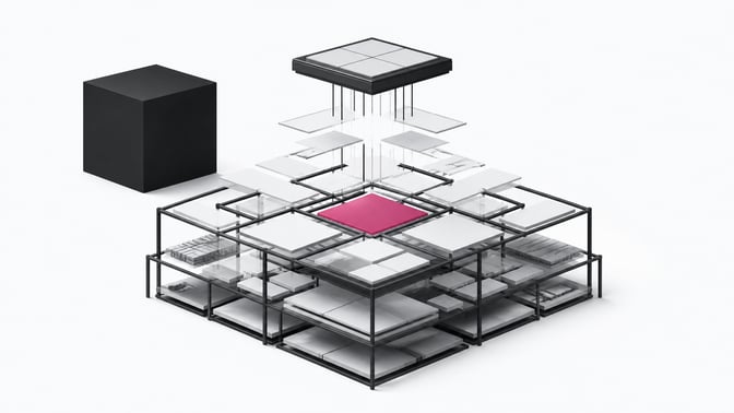 An architectural representation of an AI processing unit actively assembling blank modular components into a custom internal application framework.
