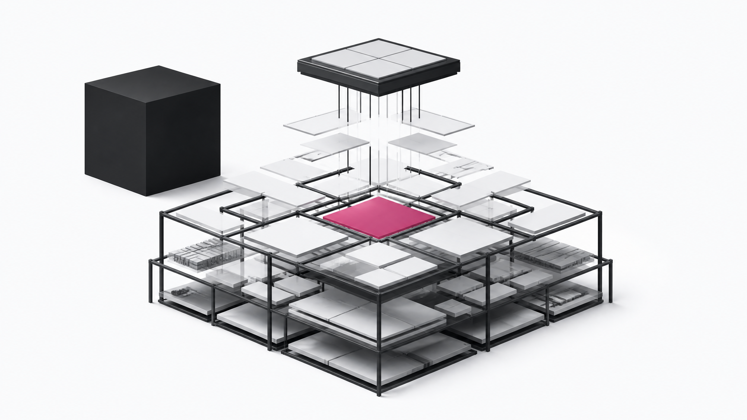 An architectural representation of an AI processing unit actively assembling blank modular components into a custom internal application framework.