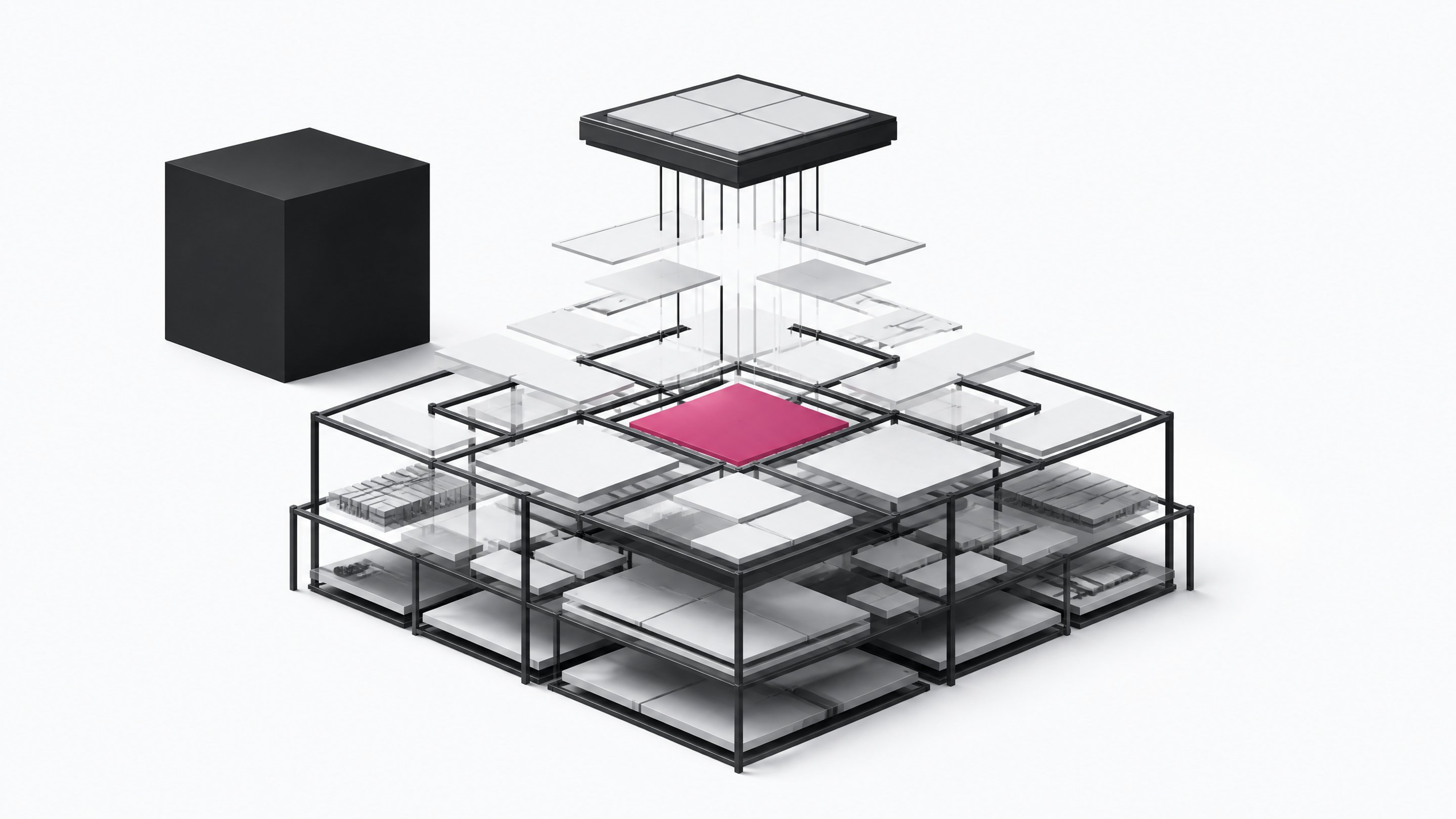 An architectural representation of an AI processing unit actively assembling blank modular components into a custom internal application framework.