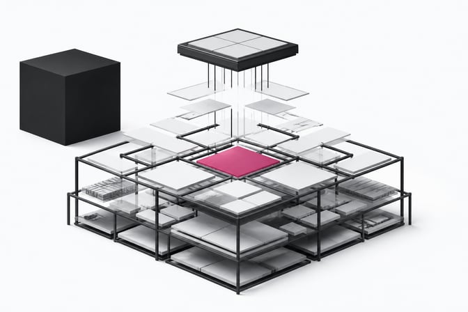 An architectural representation of an AI processing unit actively assembling blank modular components into a custom internal application framework.