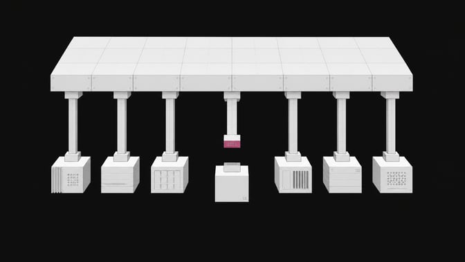 A structural diagram of a central API node where one downstream connecting conduit is cleanly separated from a smaller third-party client module.