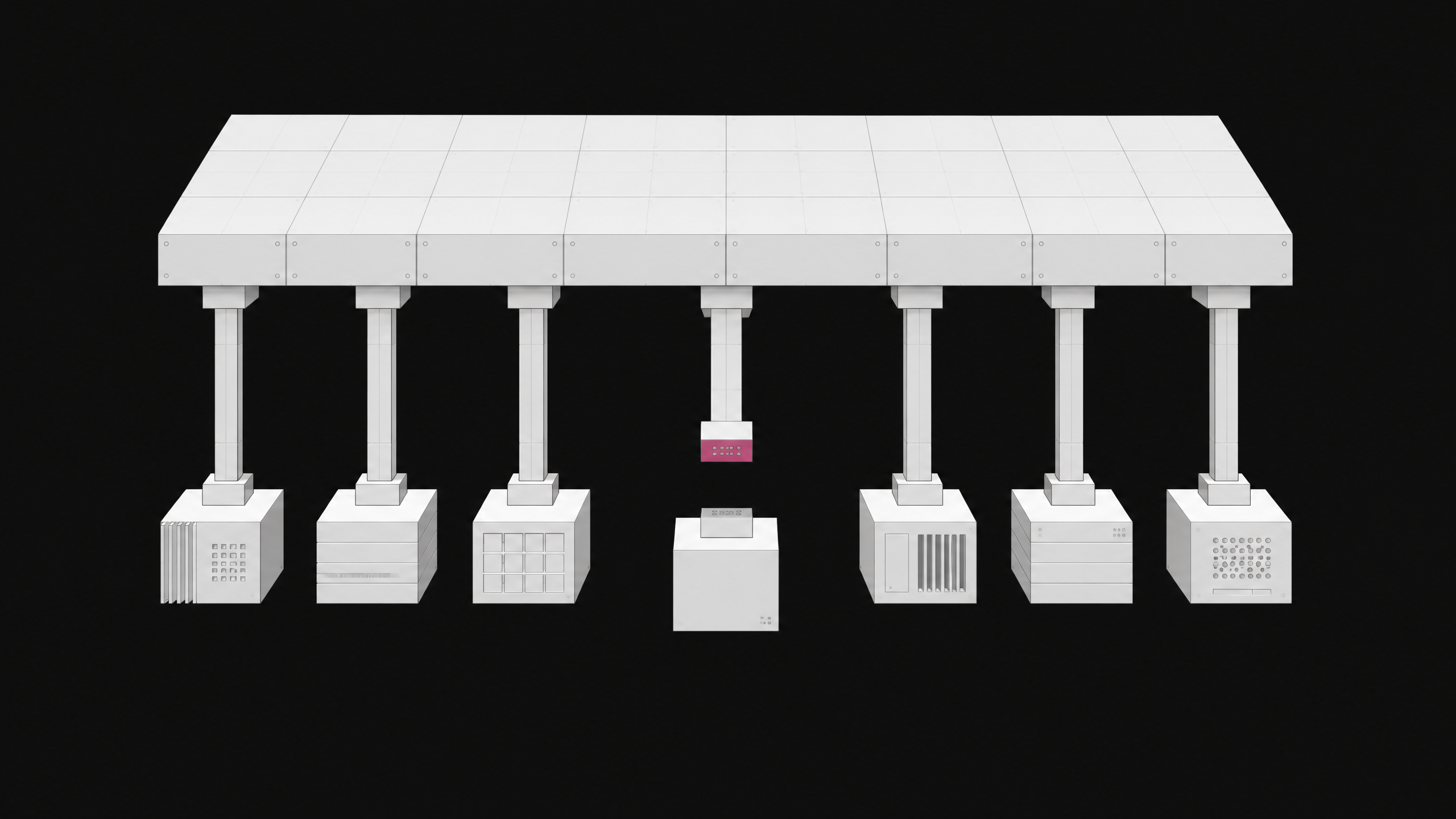 A structural diagram of a central API node where one downstream connecting conduit is cleanly separated from a smaller third-party client module.