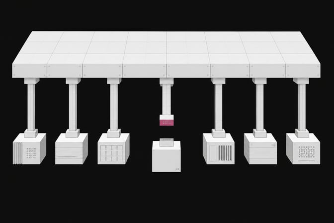 A structural diagram of a central API node where one downstream connecting conduit is cleanly separated from a smaller third-party client module.