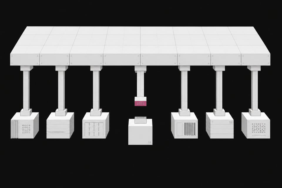 A structural diagram of a central API node where one downstream connecting conduit is cleanly separated from a smaller third-party client module.