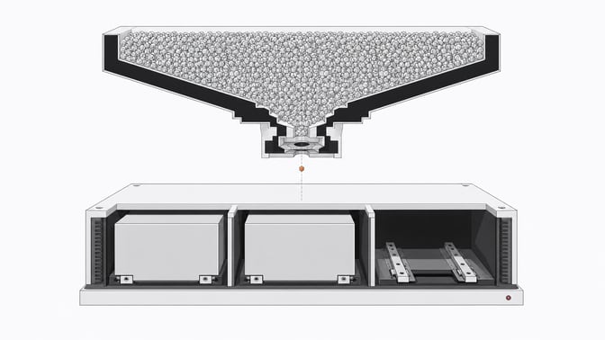A hardware cutaway showing a massive flow of microscopic token chips funneling into a heavy base partitioned into three oversized, fixed per-seat software modules.