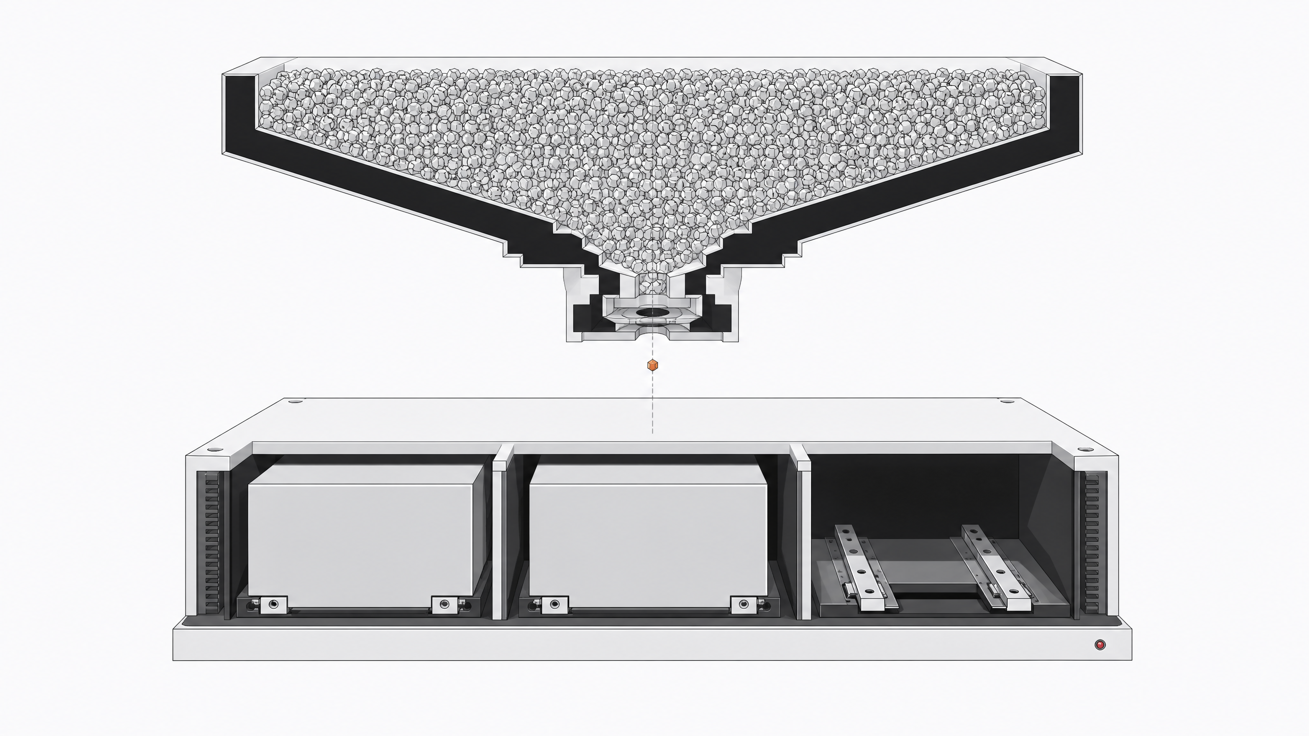 A hardware cutaway showing a massive flow of microscopic token chips funneling into a heavy base partitioned into three oversized, fixed per-seat software modules.