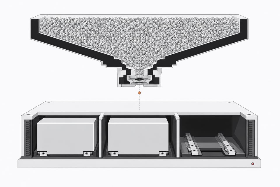 A hardware cutaway showing a massive flow of microscopic token chips funneling into a heavy base partitioned into three oversized, fixed per-seat software modules.