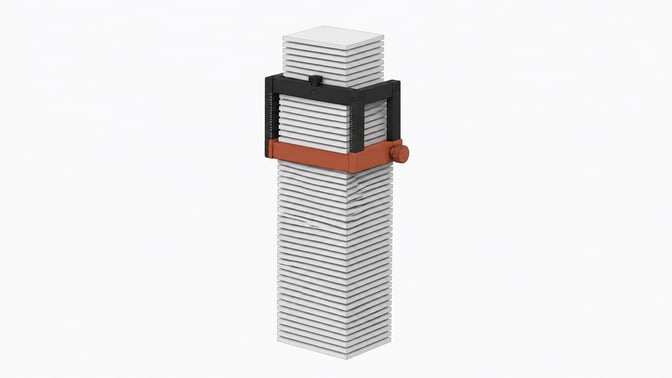 A mechanical sliding caliper bracket isolating a small upper section of a massive vertical stack of blank data plates, representing the active context window managed within an AI system.