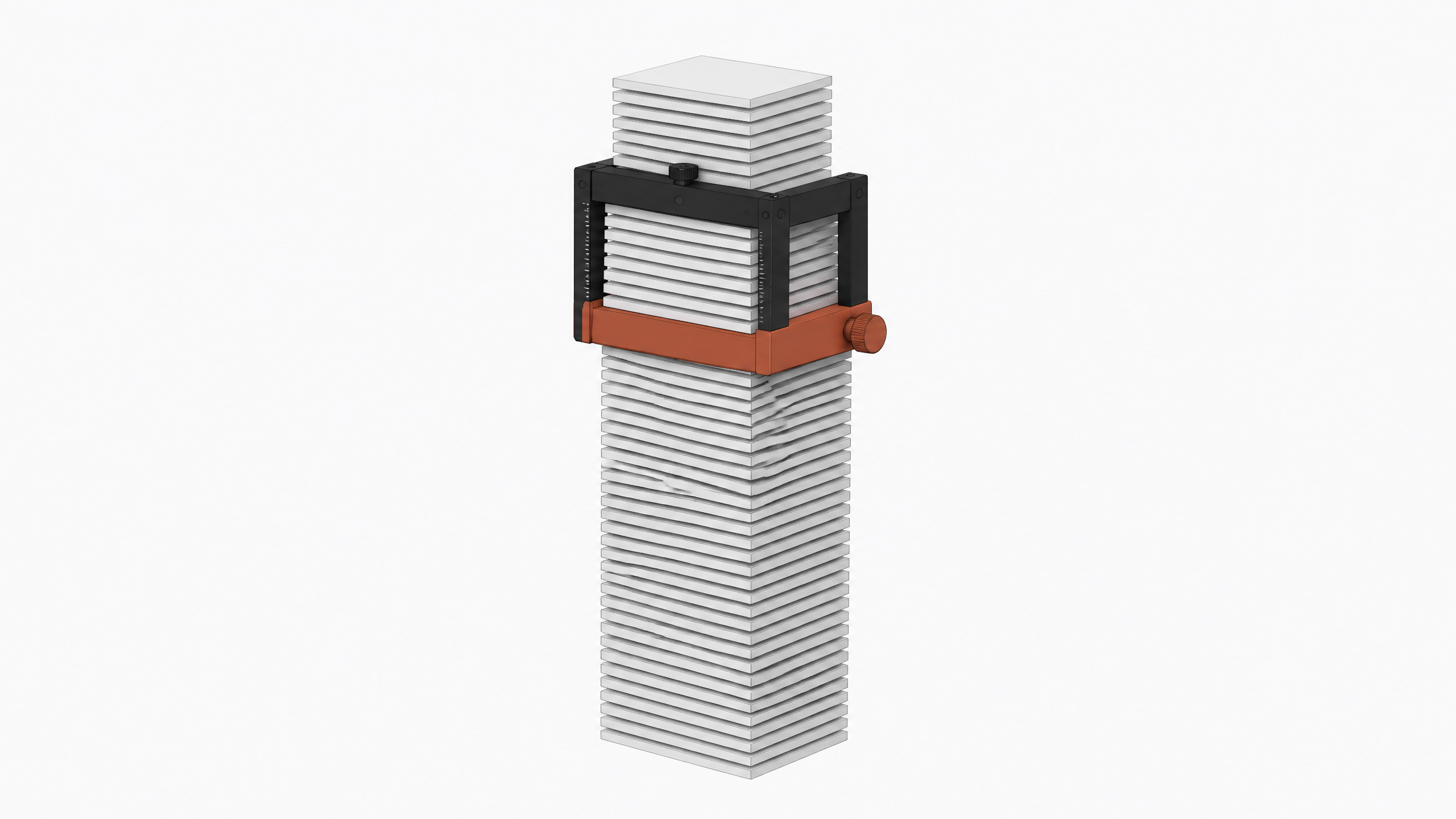 A mechanical sliding caliper bracket isolating a small upper section of a massive vertical stack of blank data plates, representing the active context window managed within an AI system.