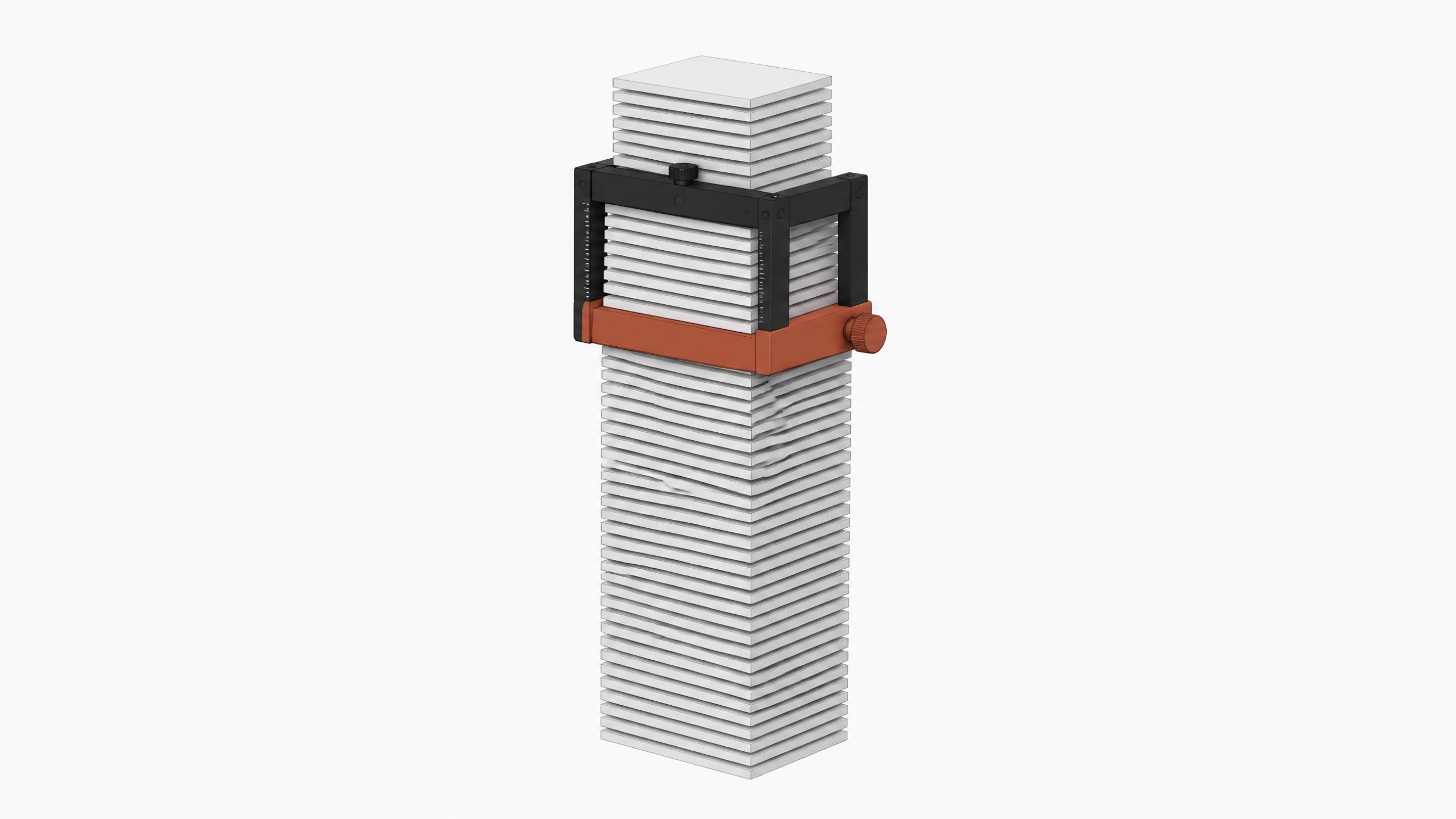 A mechanical sliding caliper bracket isolating a small upper section of a massive vertical stack of blank data plates, representing the active context window managed within an AI system.
