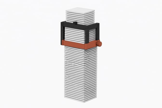 A mechanical sliding caliper bracket isolating a small upper section of a massive vertical stack of blank data plates, representing the active context window managed within an AI system.