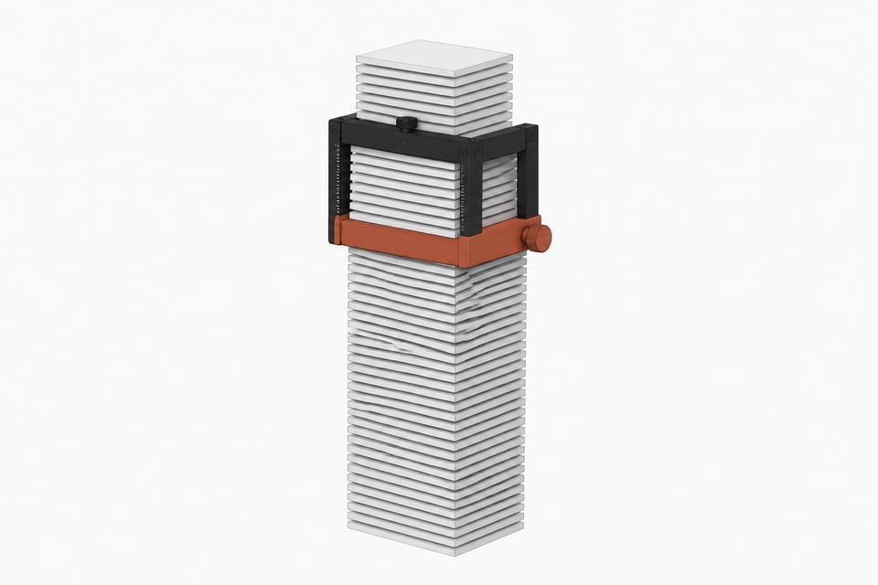 A mechanical sliding caliper bracket isolating a small upper section of a massive vertical stack of blank data plates, representing the active context window managed within an AI system.