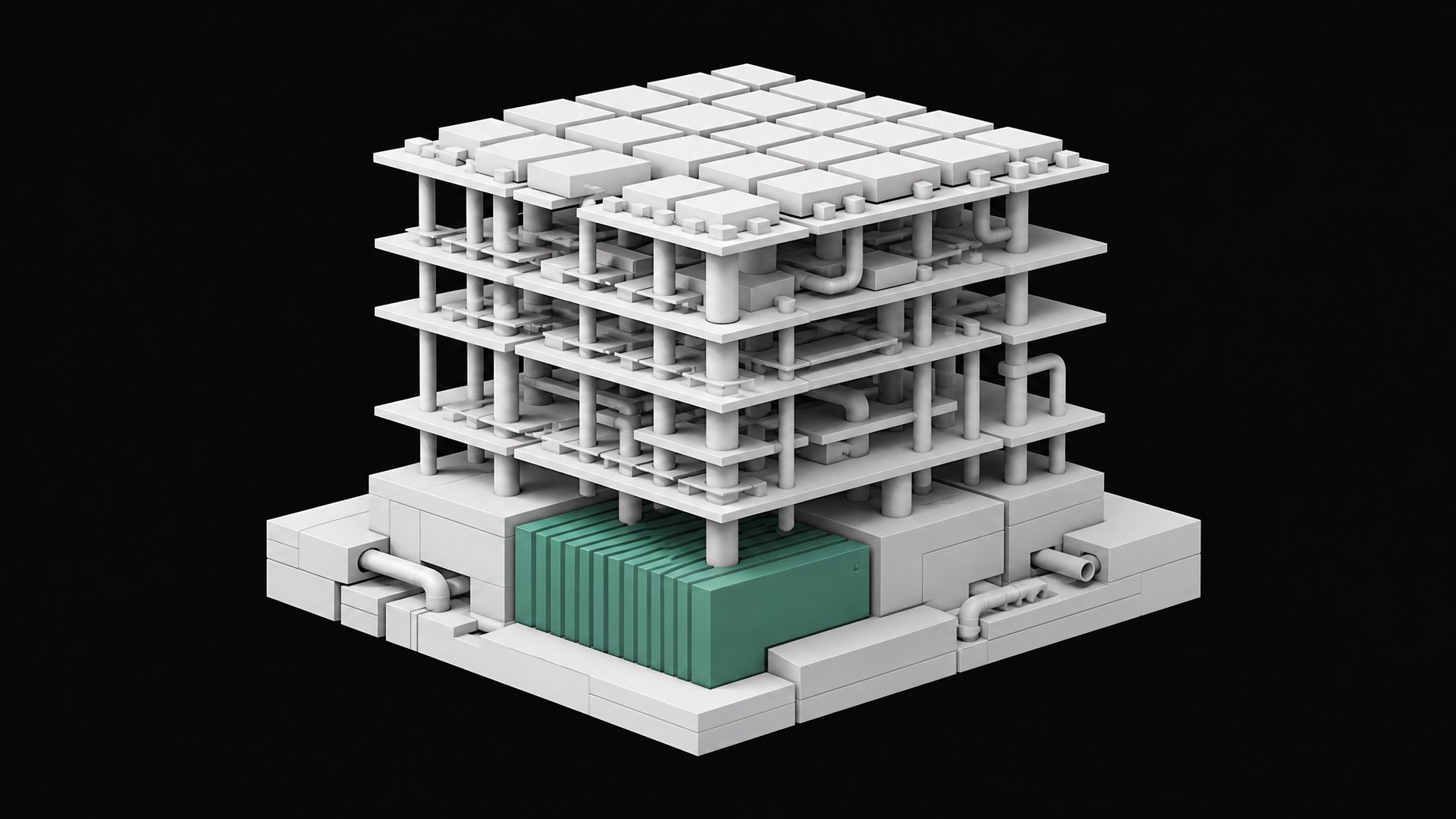 An architectural model of a software stack and package dependency graph showing a strong structural foundation supporting higher layers.