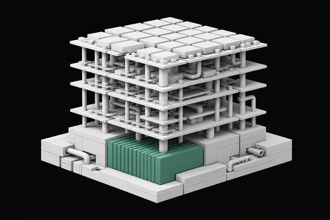 An architectural model of a software stack and package dependency graph showing a strong structural foundation supporting higher layers.