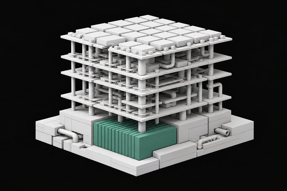 An architectural model of a software stack and package dependency graph showing a strong structural foundation supporting higher layers.