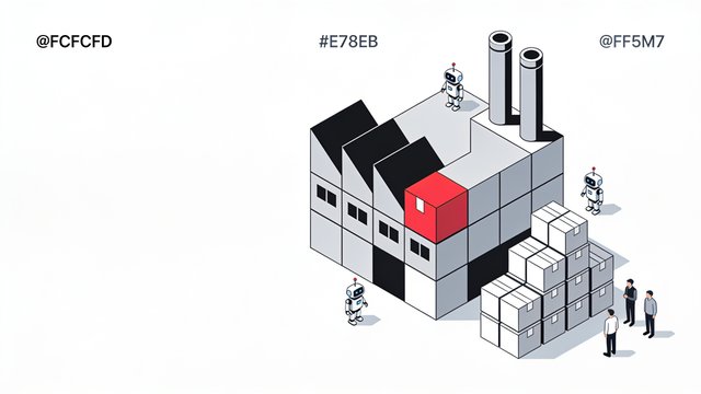 Minimal ink-and-crimson illustration of a server rack shaped like a factory with robotic arms working inside isolated sandbox containers