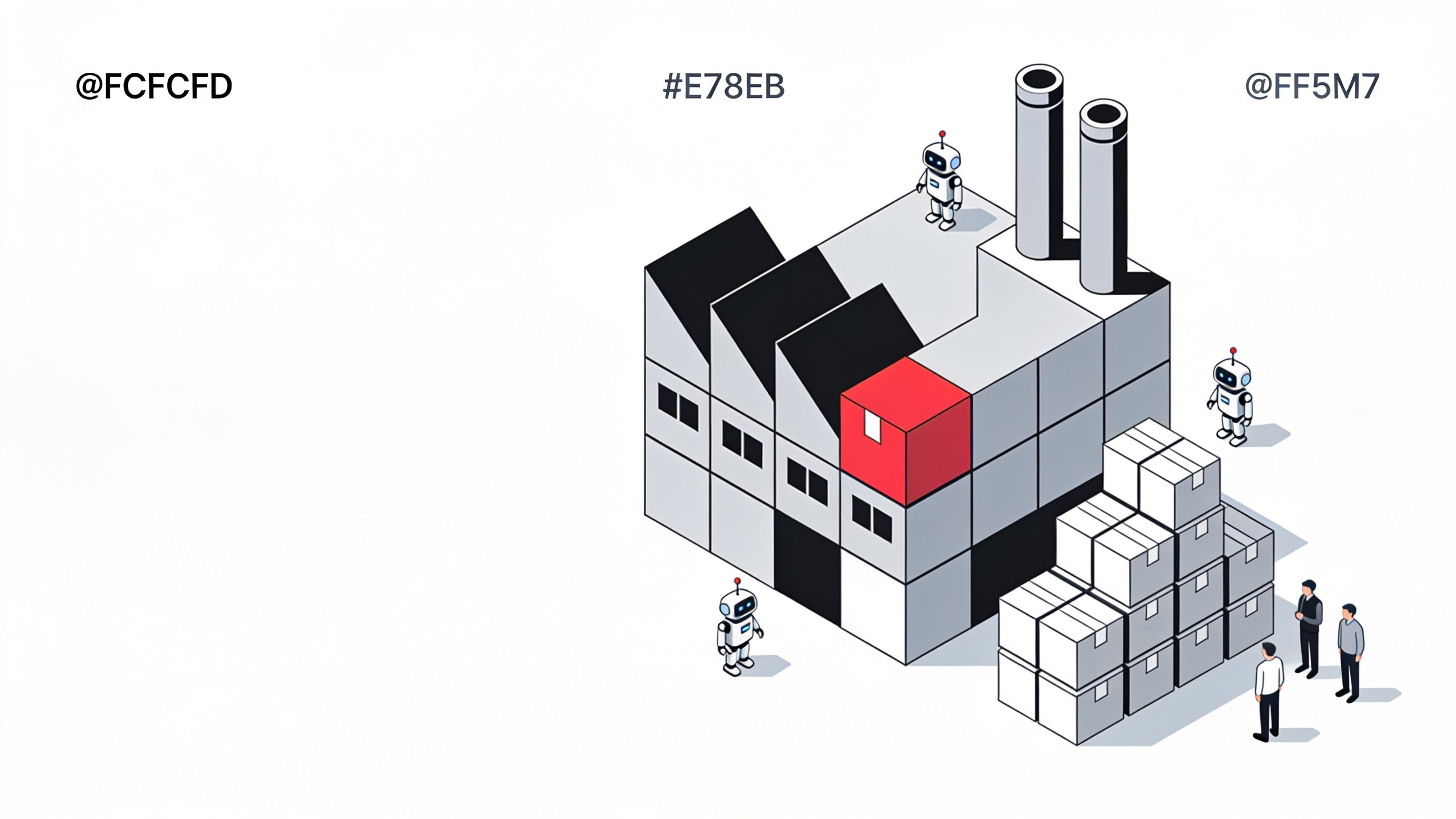 Minimal ink-and-crimson illustration of a server rack shaped like a factory with robotic arms working inside isolated sandbox containers