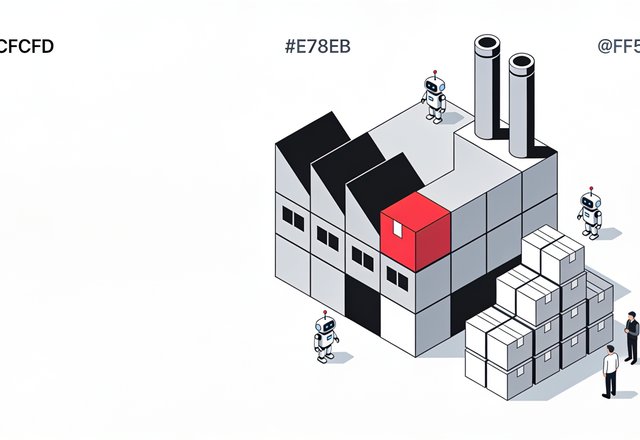 Minimal ink-and-crimson illustration of a server rack shaped like a factory with robotic arms working inside isolated sandbox containers