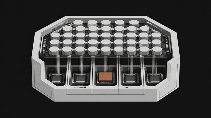 An architectural diagram of a localized computing stack, featuring a top tier of dense processing nodes feeding into distinct, heavily partitioned execution bays below.