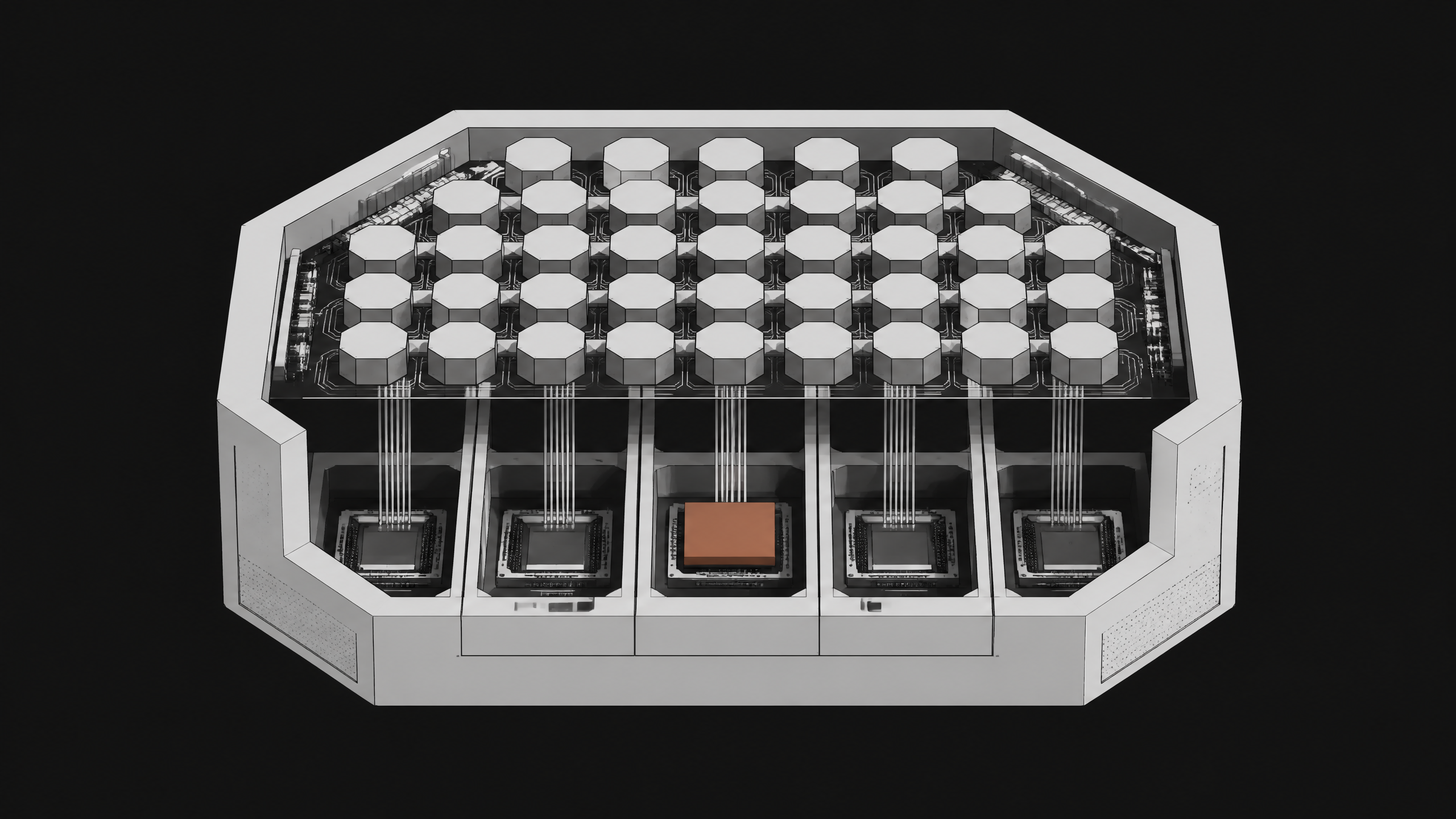 An architectural diagram of a localized computing stack, featuring a top tier of dense processing nodes feeding into distinct, heavily partitioned execution bays below.