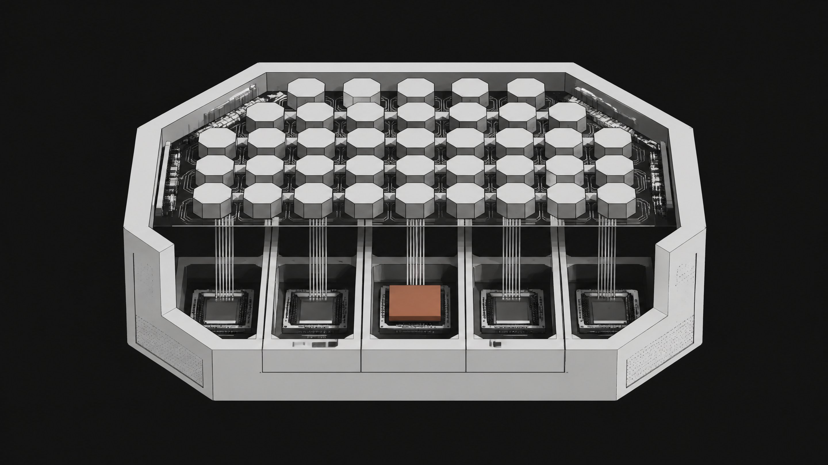 An architectural diagram of a localized computing stack, featuring a top tier of dense processing nodes feeding into distinct, heavily partitioned execution bays below.
