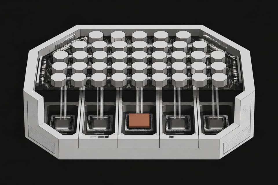 An architectural diagram of a localized computing stack, featuring a top tier of dense processing nodes feeding into distinct, heavily partitioned execution bays below.