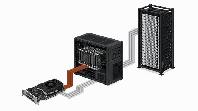 A spatial diagram of computing hardware scaling up in size, from a single graphics processing card to a multi-board desktop workstation, and finally to a towering server rack, all linked by physical data traces.
