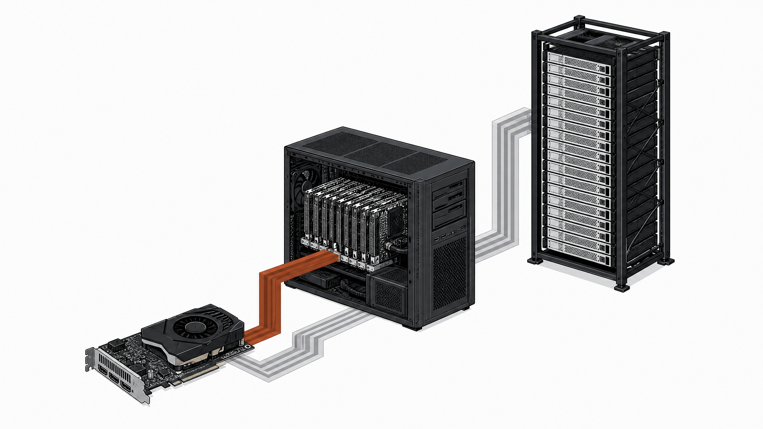 A spatial diagram of computing hardware scaling up in size, from a single graphics processing card to a multi-board desktop workstation, and finally to a towering server rack, all linked by physical data traces.
