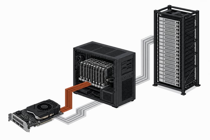 A spatial diagram of computing hardware scaling up in size, from a single graphics processing card to a multi-board desktop workstation, and finally to a towering server rack, all linked by physical data traces.
