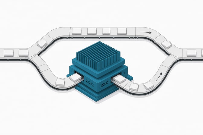 A physical routing system diverting blank data tokens from an external perimeter path into a centralized, local AI inference processing module.