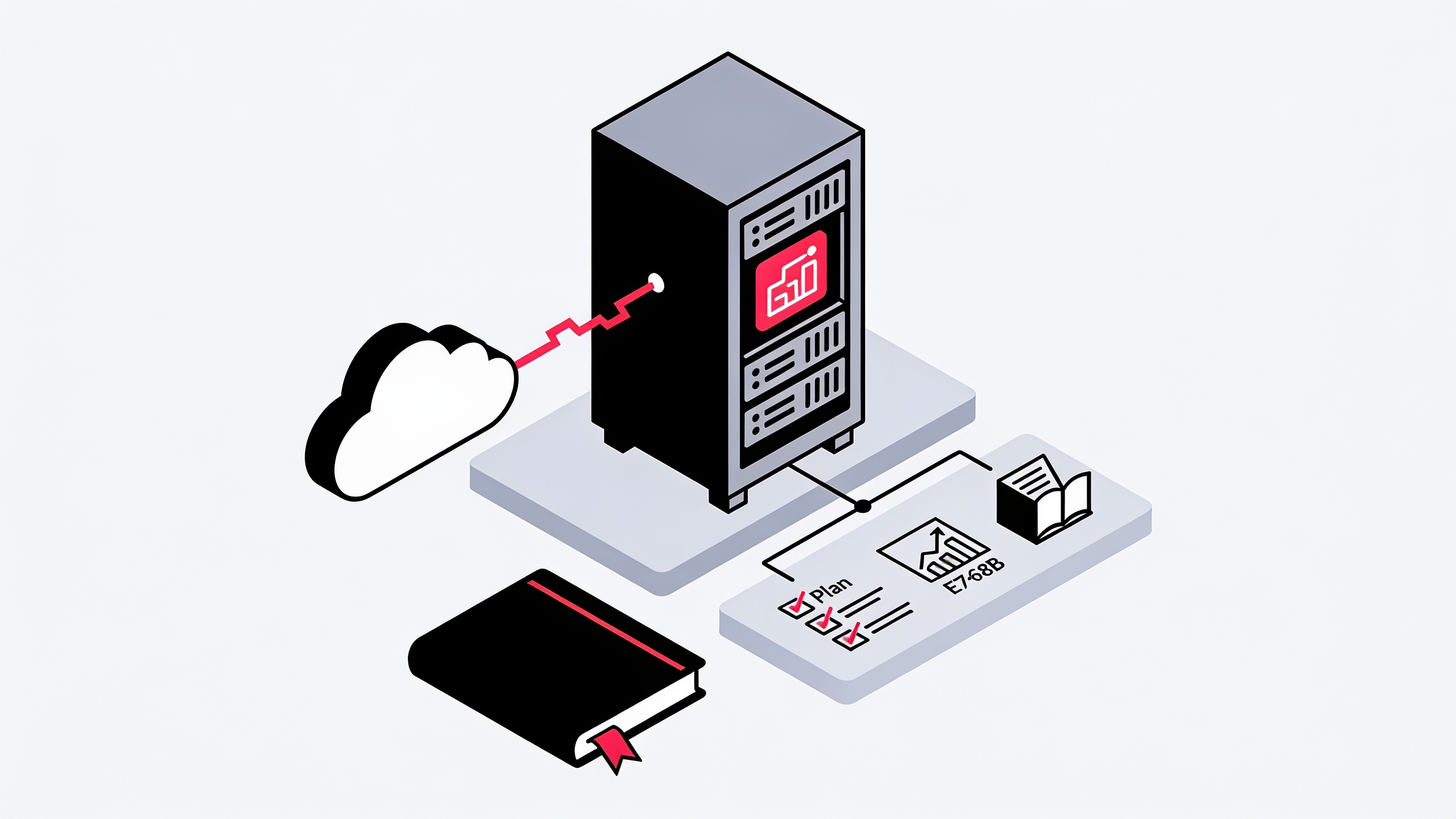 Minimalist ink-and-crimson illustration of a glowing on-premise server rack with a subtle neural network pattern, surrounded by fading subscription invoice icons