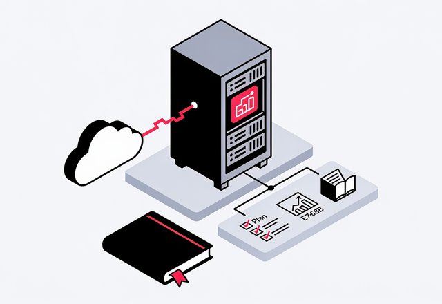 Minimalist ink-and-crimson illustration of a glowing on-premise server rack with a subtle neural network pattern, surrounded by fading subscription invoice icons