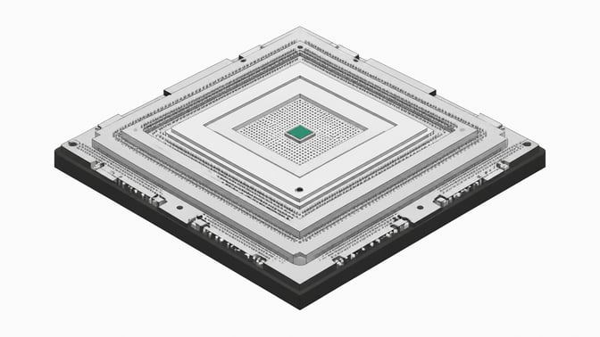 A massively oversized processor module housing a tiny, solitary logic die, illustrating severe bloat and underutilization in AI compute stacks.