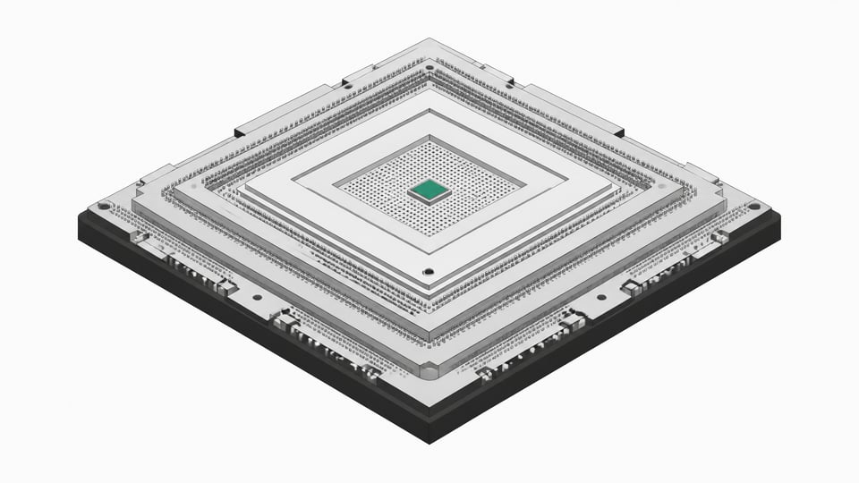 A massively oversized processor module housing a tiny, solitary logic die, illustrating severe bloat and underutilization in AI compute stacks.