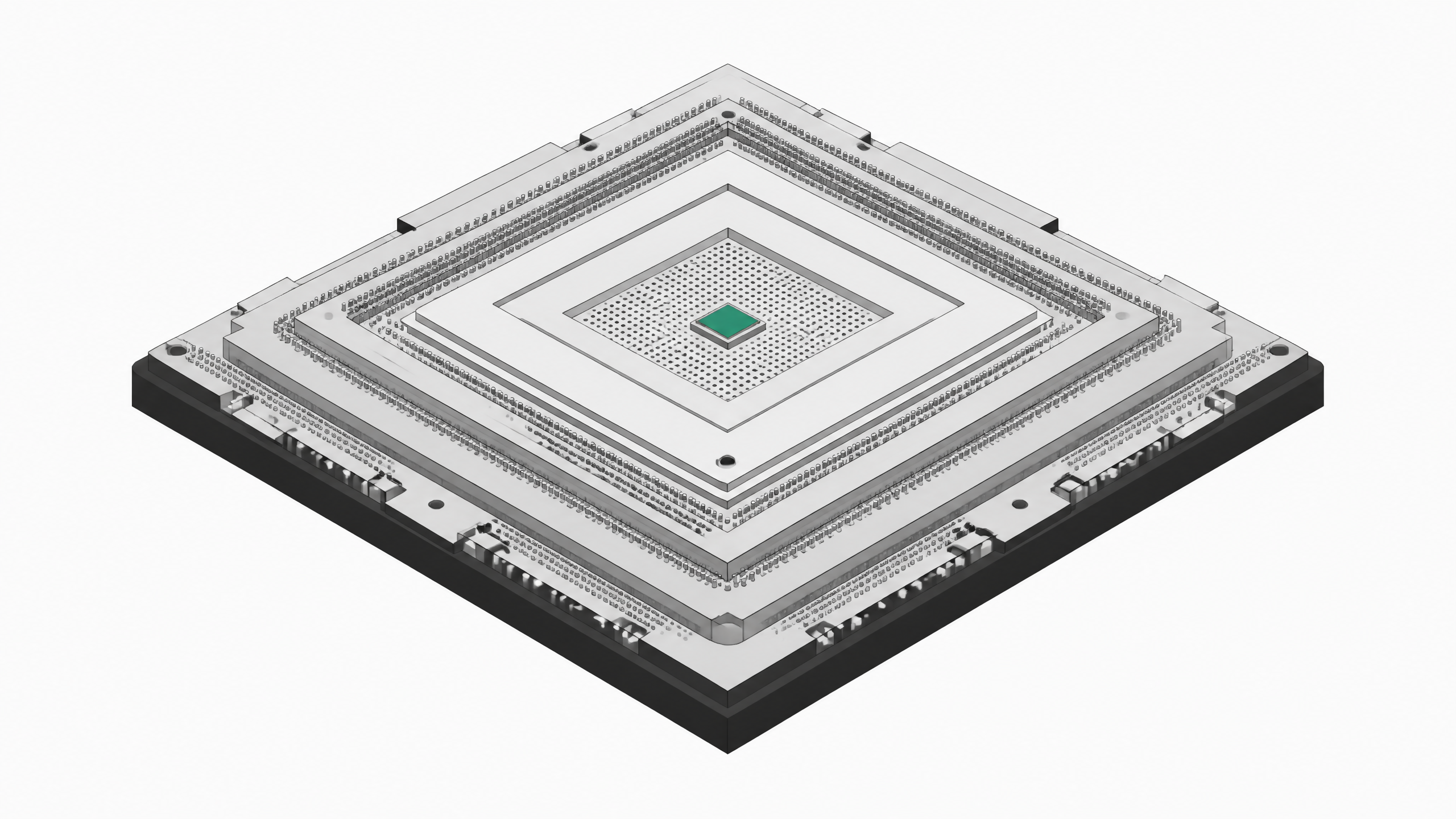 A massively oversized processor module housing a tiny, solitary logic die, illustrating severe bloat and underutilization in AI compute stacks.