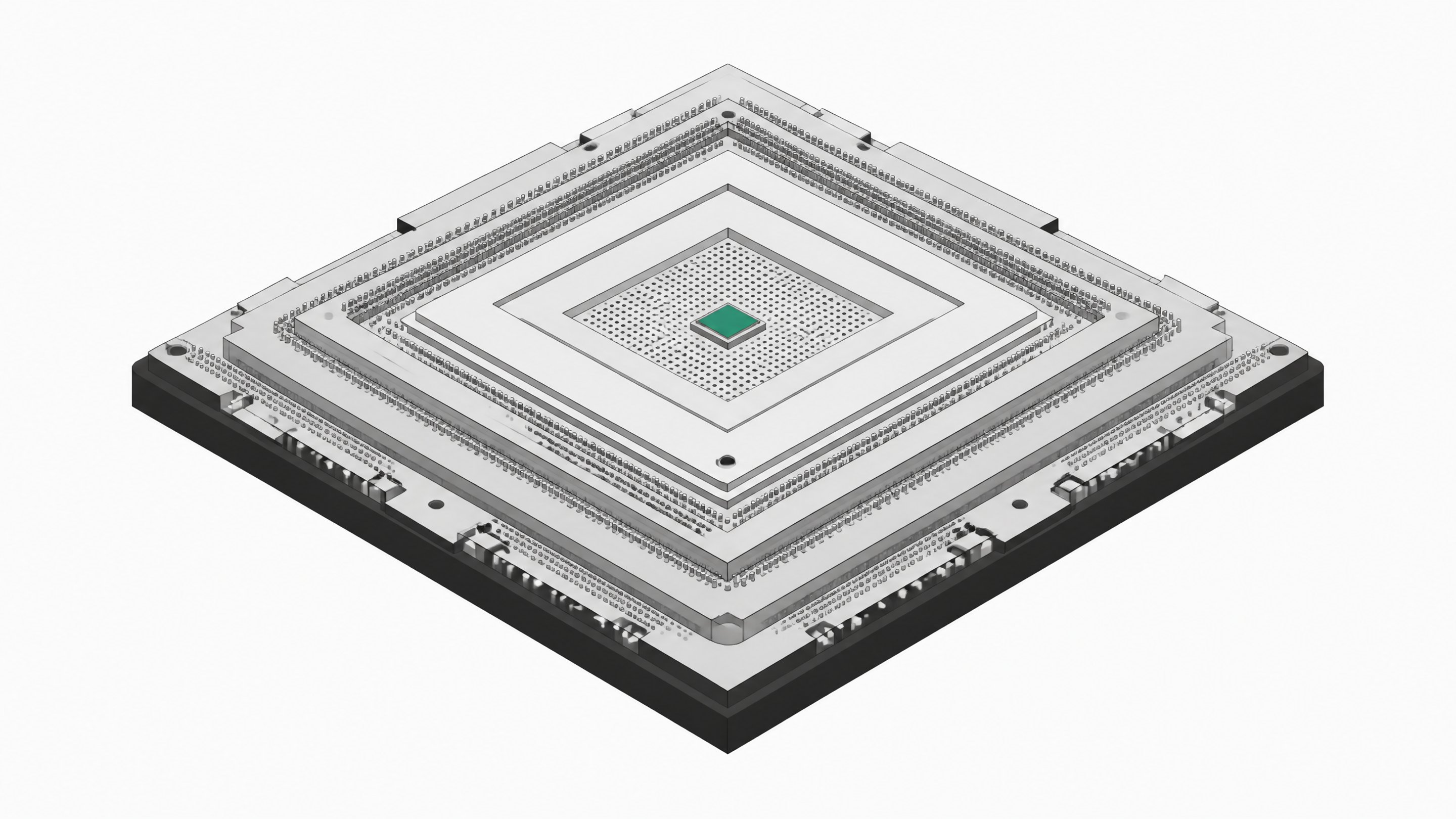A massively oversized processor module housing a tiny, solitary logic die, illustrating severe bloat and underutilization in AI compute stacks.