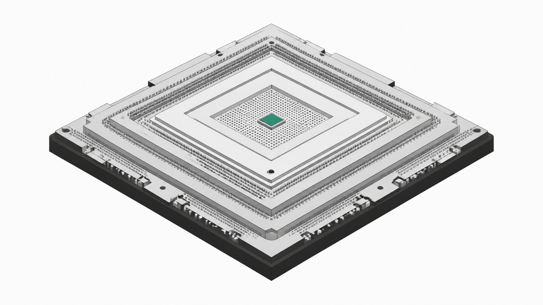 A massively oversized processor module housing a tiny, solitary logic die, illustrating severe bloat and underutilization in AI compute stacks.