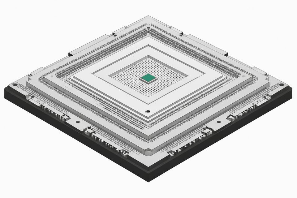 A massively oversized processor module housing a tiny, solitary logic die, illustrating severe bloat and underutilization in AI compute stacks.