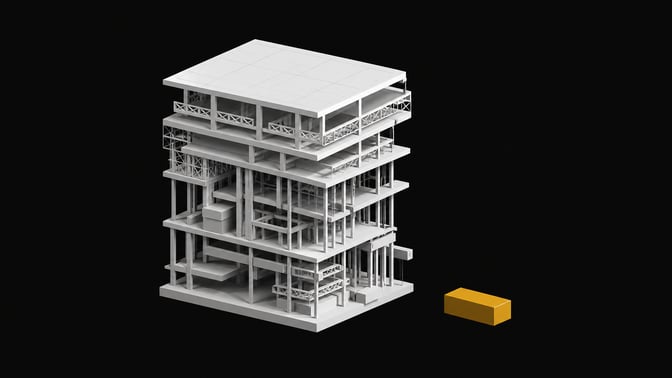 A side-by-side spatial comparison showing a massive, multi-layered porous framework next to a small, highly dense solid block, illustrating the memory footprint difference between high-overhead application runtimes and compiled native software.