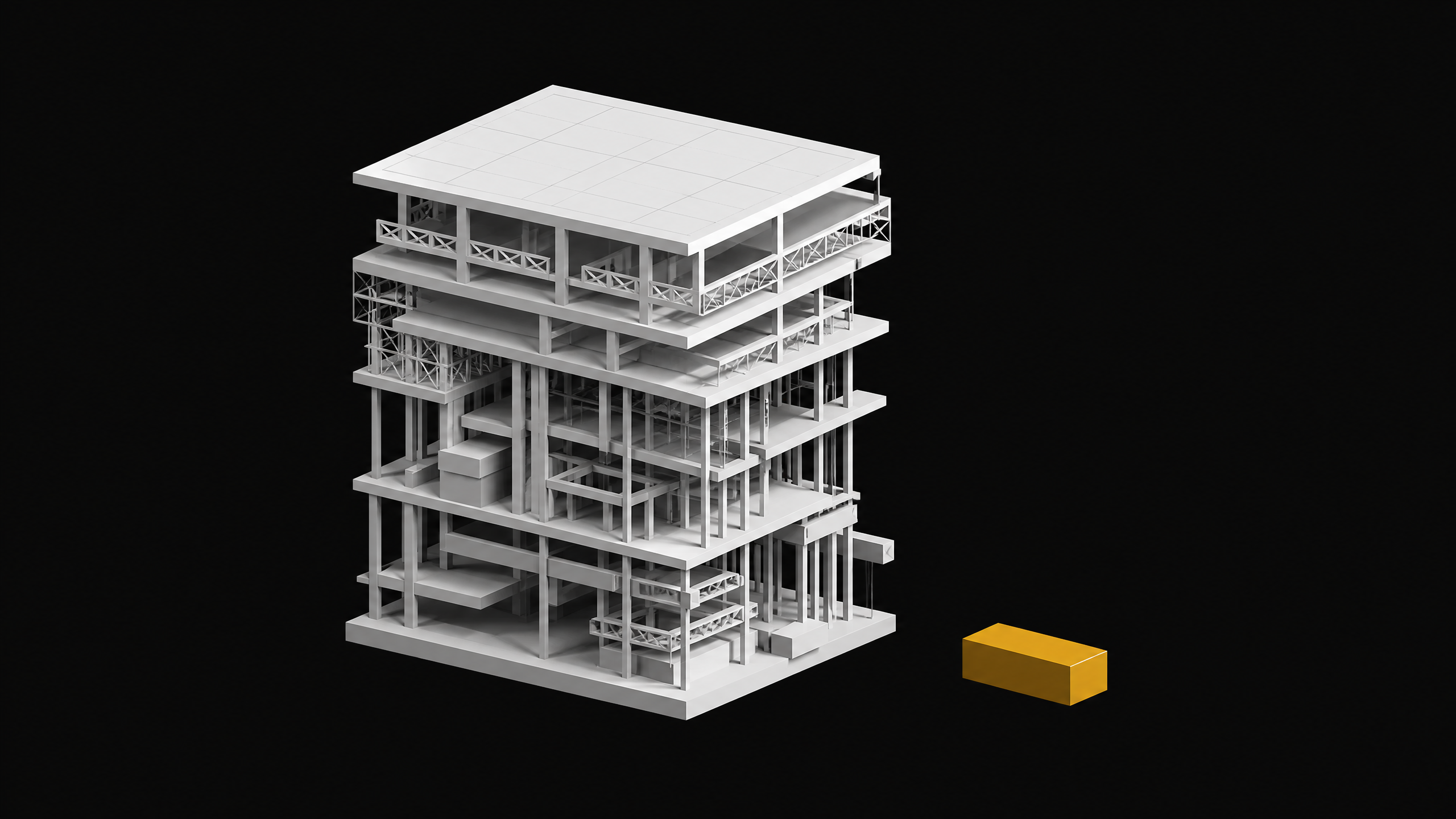 A side-by-side spatial comparison showing a massive, multi-layered porous framework next to a small, highly dense solid block, illustrating the memory footprint difference between high-overhead application runtimes and compiled native software.