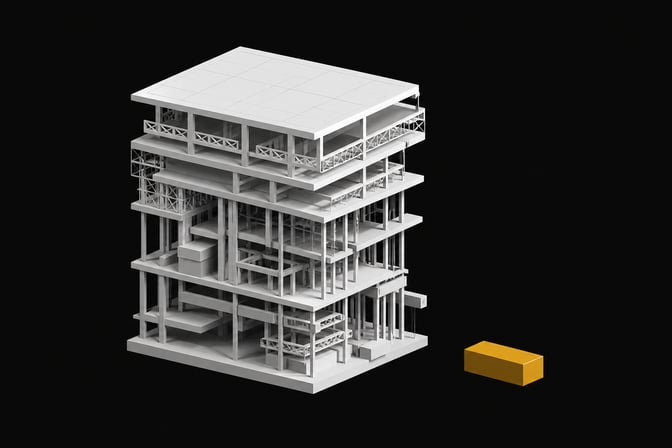 A side-by-side spatial comparison showing a massive, multi-layered porous framework next to a small, highly dense solid block, illustrating the memory footprint difference between high-overhead application runtimes and compiled native software.