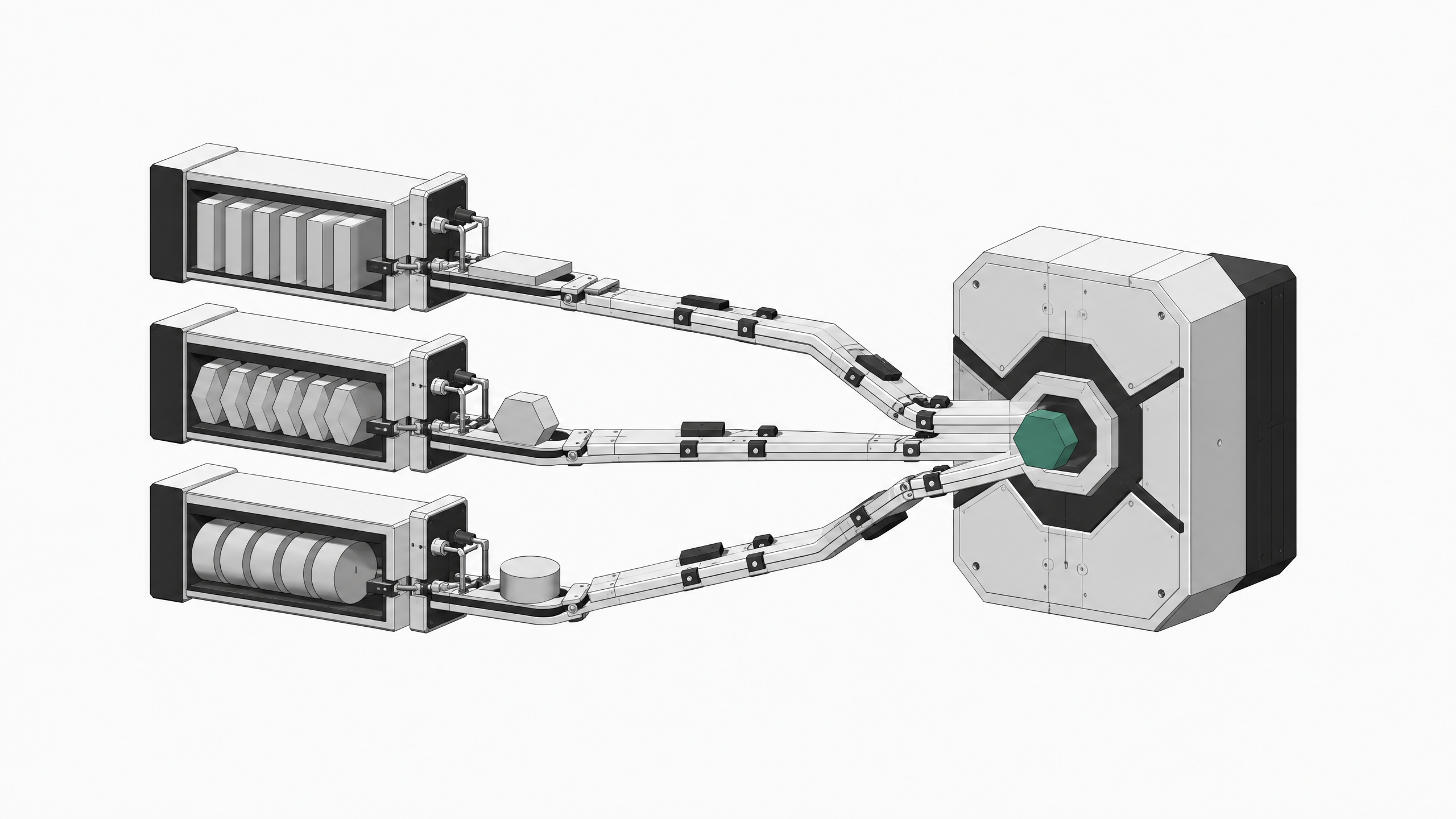 A mechanical routing manifold extracting distinct geometric tokens from three tiered storage racks and funneling them into a single intake port, illustrating an AI data connector system.